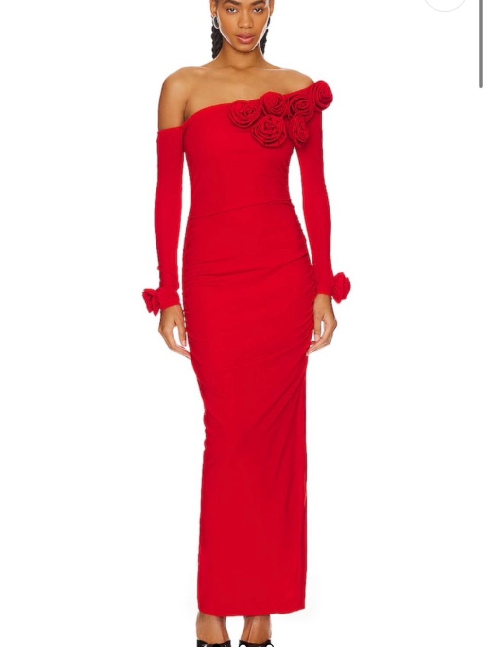 Gathered Charlotte Dress Red One-Shoulder Floral Applique Evening Dress